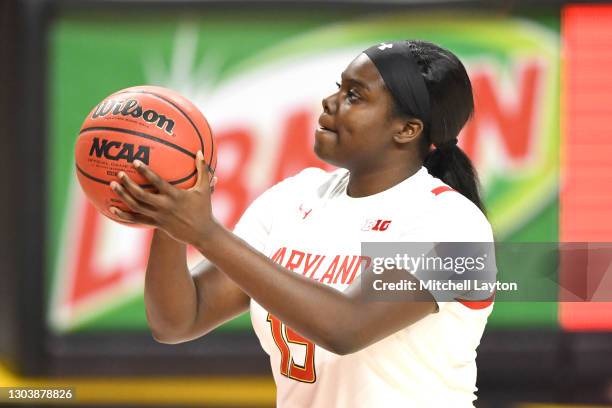 Ashley Owusu of the Maryland Terrapins takes a foul shot during a women's college basketball game against the Iowa Hawkeyes at Xfinity Center on...