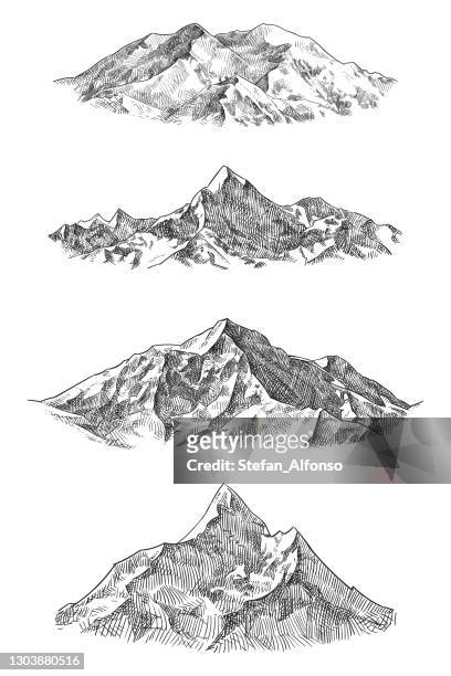 ilustrações de stock, clip art, desenhos animados e ícones de vector drawings of mountains - água forte