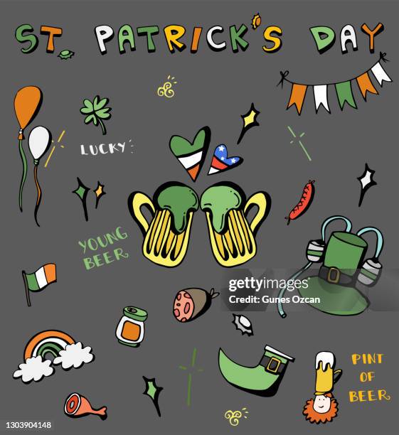 st. patrick's day doodle - handmade icons & lettering - irish flag american flag stock illustrations