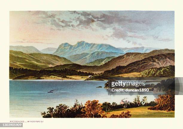 waterhead, windermere, english lake district, victorian 19th century landscape - archival stock illustrations
