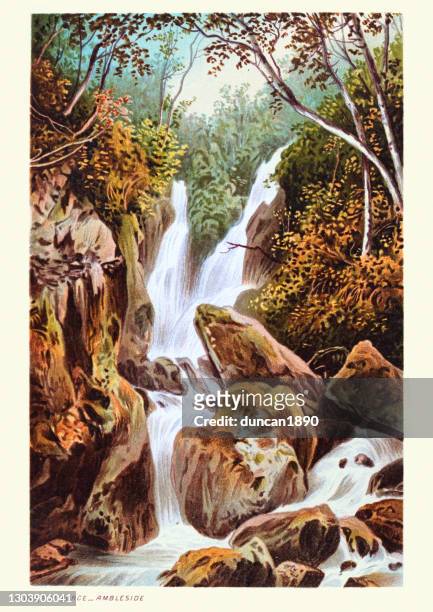 stock ghyll force wasserfall, ambleside, lake district, 19. jahrhundert - look at some very english traditions stock-grafiken, -clipart, -cartoons und -symbole