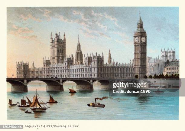 illustrazioni stock, clip art, cartoni animati e icone di tendenza di houses of parliament e westminster bridge, victorian london landmarks, xix secolo - london england