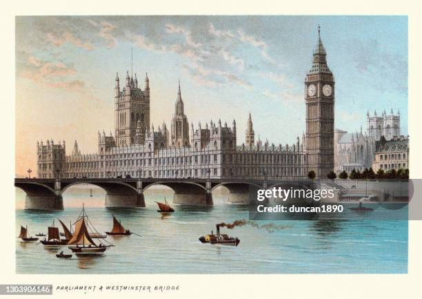 houses of parliament and westminster bridge, victorian london landmarks, 19th century - century english print stock illustrations