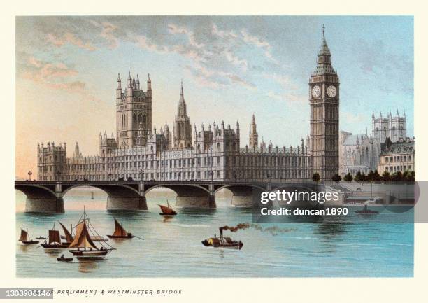 houses of parliament and westminster bridge, victorian london landmarks, 19th century - london iconic stock illustrations