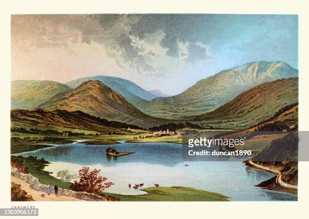 grasmere lake, english lake district, victorian landscape art, 19th century - english culture stock illustrations
