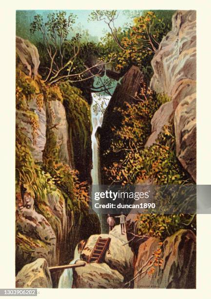 stockillustraties, clipart, cartoons en iconen met dungeon ghyll waterval, ambleside, lake district, 19e eeuw - waterval