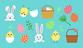 Easter vector set, cute spring icon. Cartoon bunny, egg, rabbit, basket, chick with shell