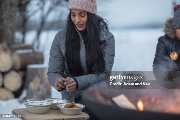 mother prepares ingredients for s'mores - indian family vacation stock pictures, royalty-free photos & images