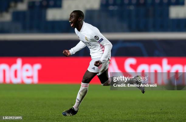 Ferland Mendy of Real Madrid celebrates after scoring their side's first goal during the UEFA Champions League Round of 16 match between Atalanta and...