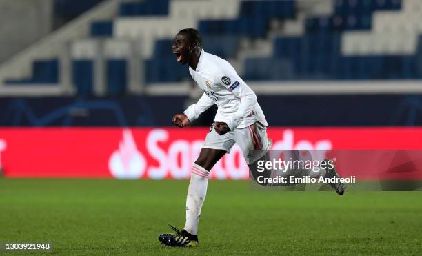 Ferland Mendy of Real Madrid celebrates after scoring their side's first goal during the UEFA Champions League Round of 16 match between Atalanta and...