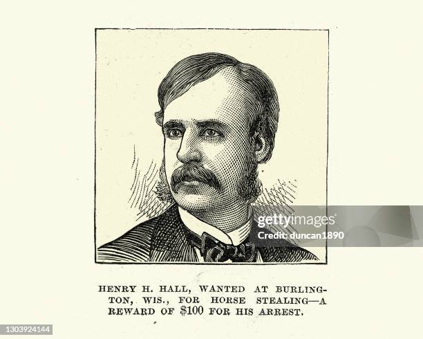 bildbanksillustrationer, clip art samt tecknat material och ikoner med henry h hall efterlyst i burlington, wisconsin för häststöld på 100 dollar för sitt gripande, viktorianska brott och brottslingar - efterlyst-affisch