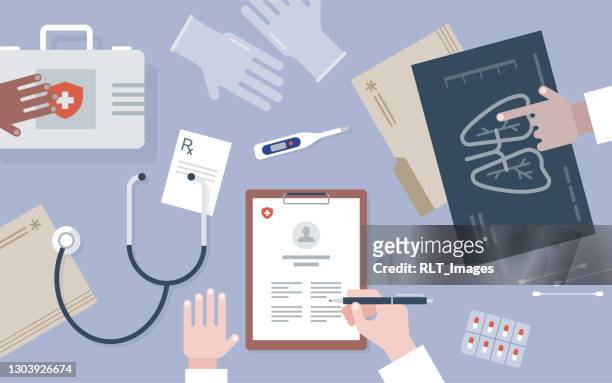 overhead view of team of doctors collaborating - three people stock illustrations