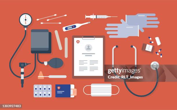 overhead view of neatly ordered doctor's office medical equipment - reflex hammer stock illustrations