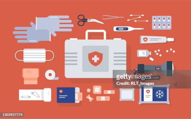 ilustrações de stock, clip art, desenhos animados e ícones de overhead view of neatly ordered first aid medical equipment - first aid kit