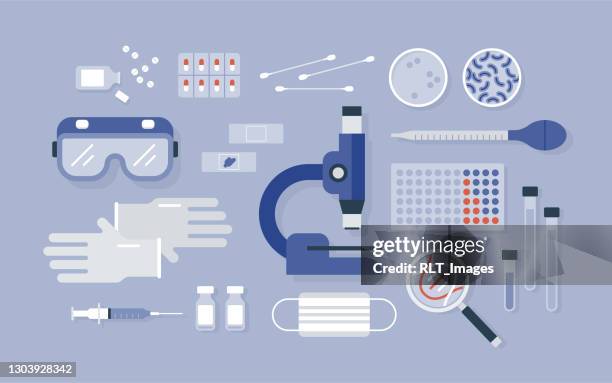 ilustraciones, imágenes clip art, dibujos animados e iconos de stock de vista aérea de equipos de laboratorio de investigación médica ordenados cuidadosamente - guantes de goma