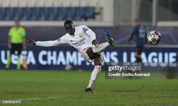 Ferland Mendy of Real Madrid scores the opening goal during the UEFA Champions League Round of 16 match between Atalanta and Real Madrid at Gewiss...