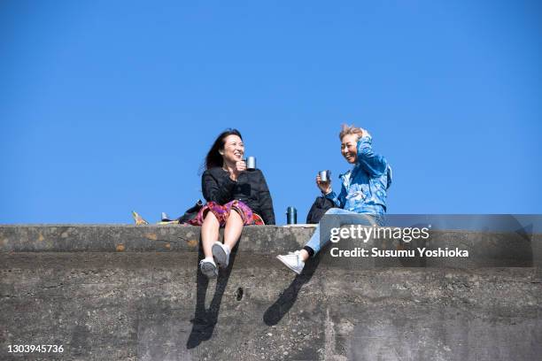 two women are walking along the beach on a winter holiday on a short trip. - blue sky friends stock pictures, royalty-free photos & images