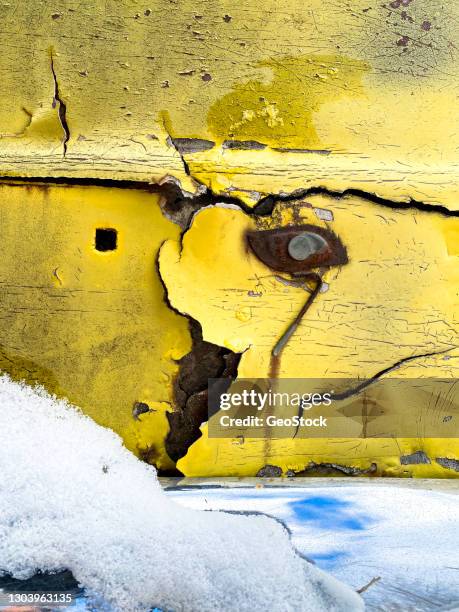 close-up of corroded car trunk and chrome bumper - stock photo car chrome bumper stock-fotos und bilder