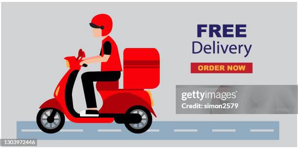 ilustraciones, imágenes clip art, dibujos animados e iconos de stock de servicio rápido de entrega en línea por bandera de motos - free shipping