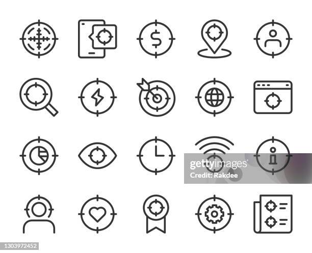 illustrazioni stock, clip art, cartoni animati e icone di tendenza di concetto di destinazione - icone di linea - focus