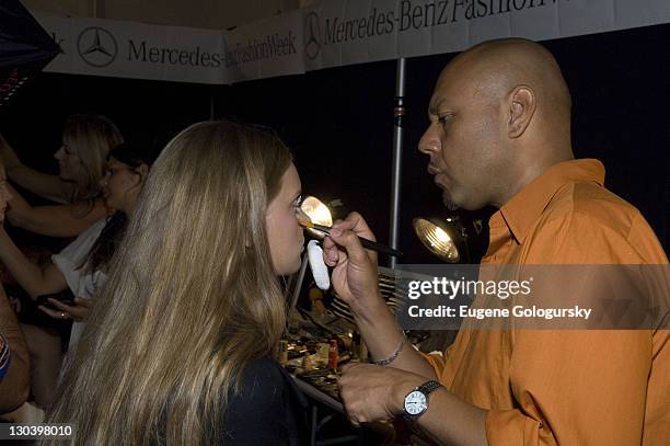 Make-up Artist with model at Mercedes-Benz Fashion Week Spring 2008 - Erin Fetherston on September 5, 2007 in New York.