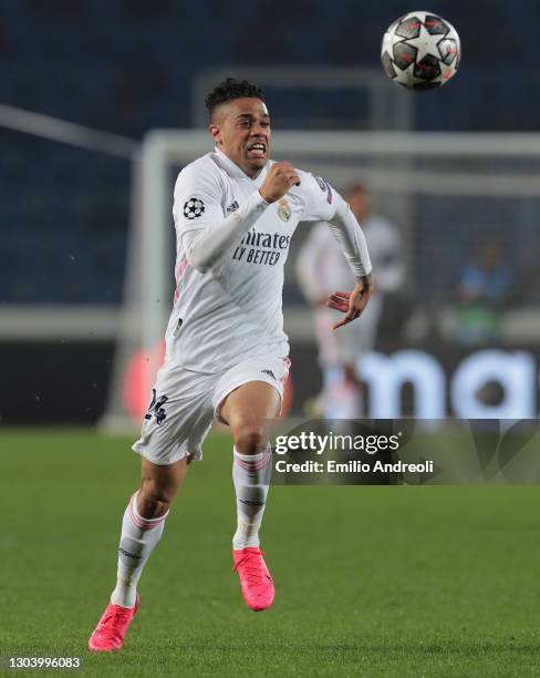 Mariano Diaz of Real Madrid in action during the UEFA Champions League Round of 16 match between Atalanta and Real Madrid at Gewiss Stadium on...