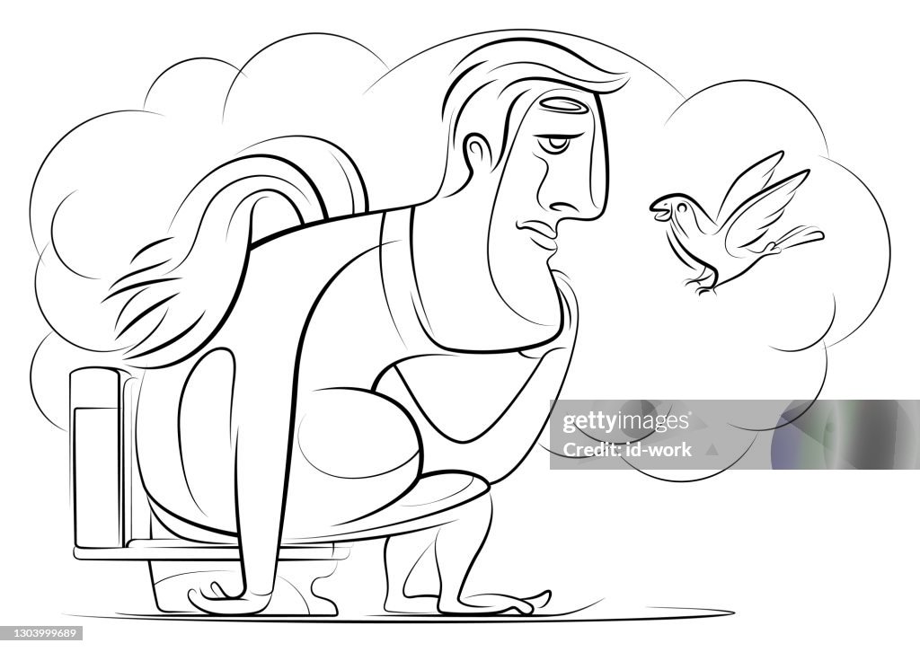 Winged middle age man sitting on toilet bowl and thinking line drawing