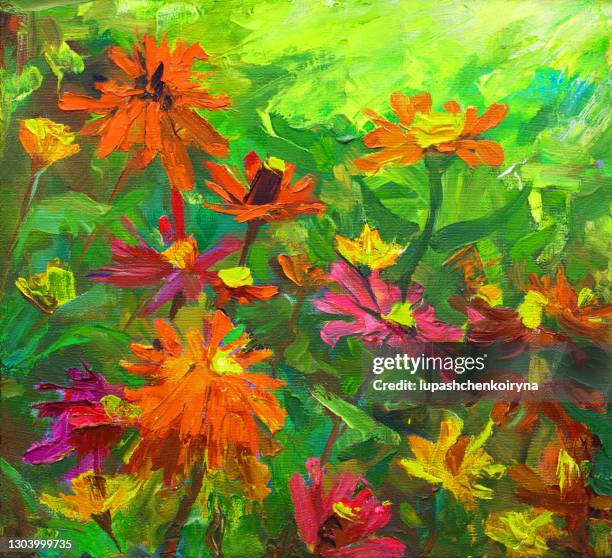 illustration oil painting landscape flowers zinnia graceful on a bed of plants among other flower buds of leaf stalks - elegans stock illustrations