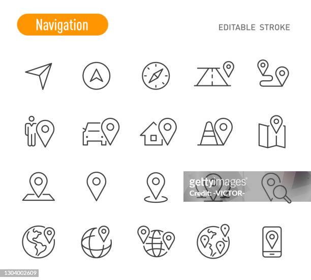 stockillustraties, clipart, cartoons en iconen met geplaatste navigatiepictogrammen - lijnreeks - bewerkbare lijn - location pin icon