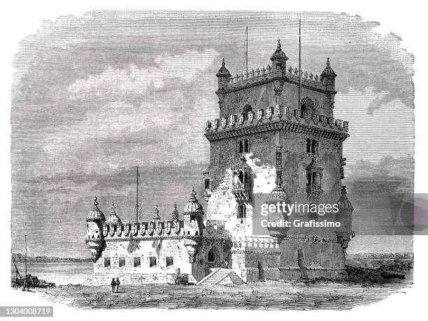 belém tower in lisbon portugal 1861 - belem tower lisbon stock illustrations