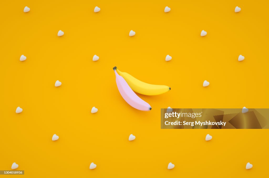 Purple and yellow banana on a yellow background pop art 3d render texture