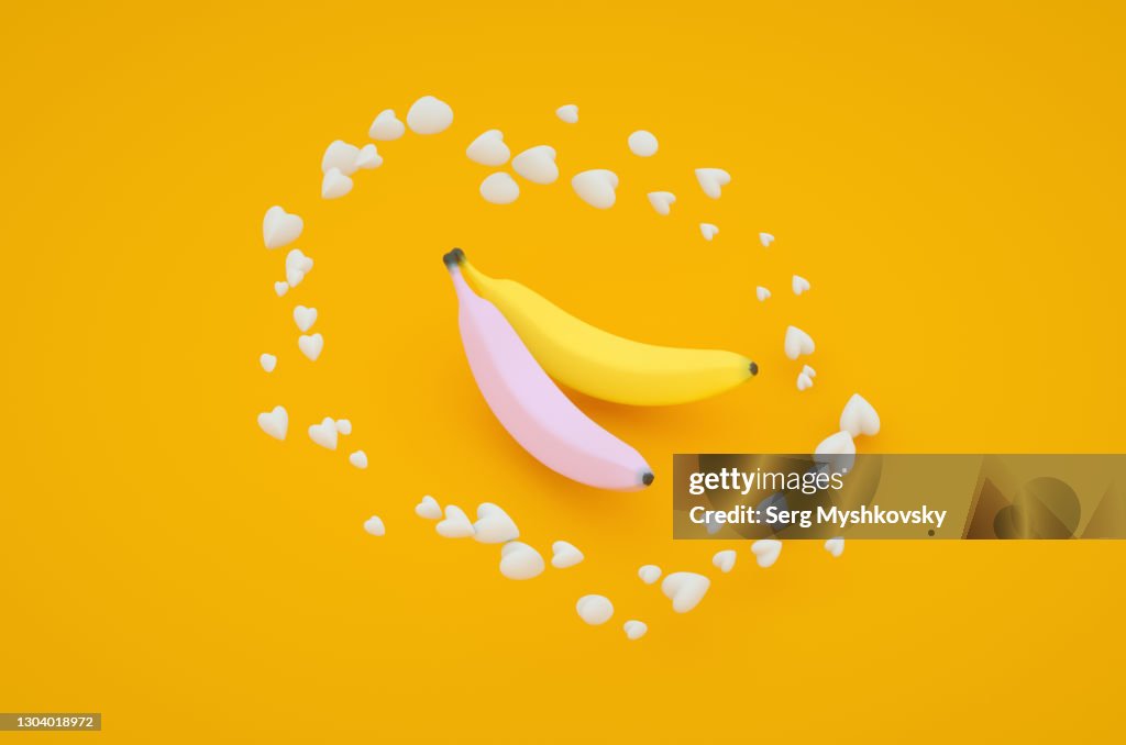Purple and yellow banana on a yellow background pop art 3d render texture