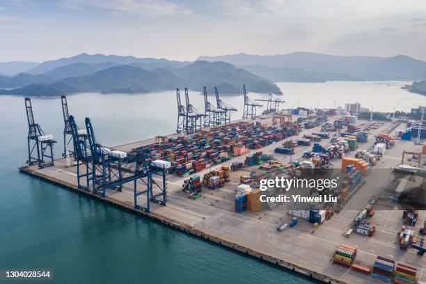 aerial perspective of a container port - ferry terminal stock pictures, royalty-free photos & images