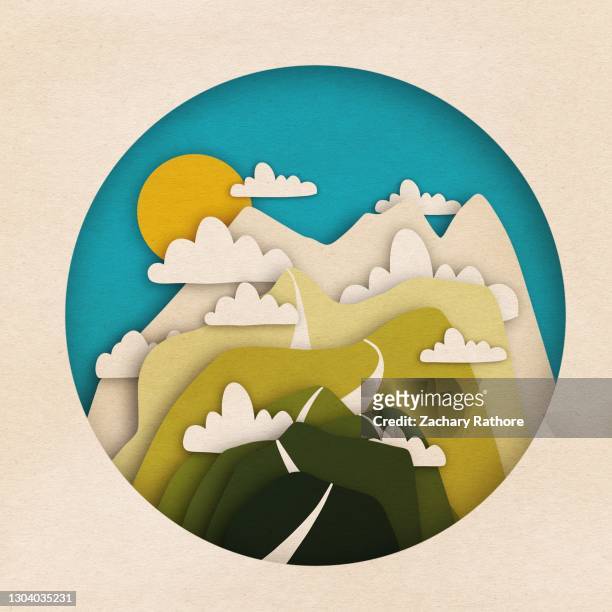 paper mountain scene - paper art stock pictures, royalty-free photos & images