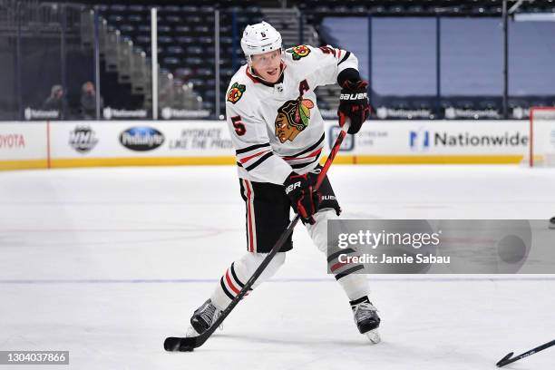 Connor Murphy of the Chicago Blackhawks skates against the Columbus Blue Jackets on February 23, 2021 at Nationwide Arena in Columbus, Ohio.