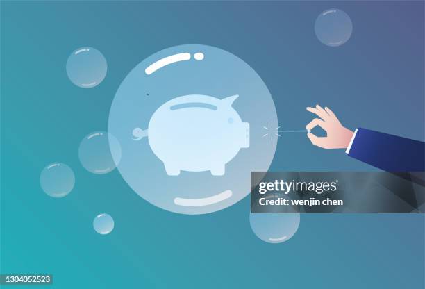 use a needle to pierce the bubble in the piggy bank, the bubble economy - pierced stock illustrations