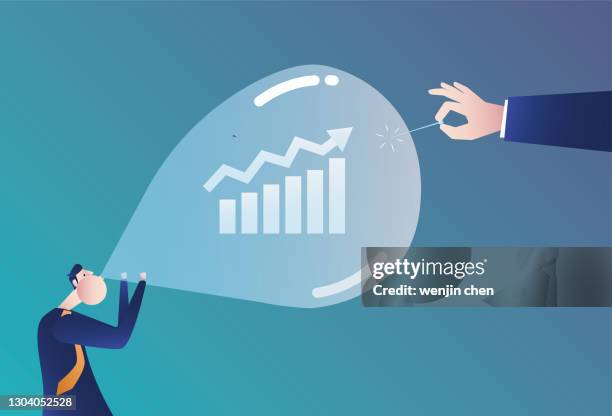use a needle to pierce the balloon that was blown up by businessmen to increase the stock market's growth, and the bubble economy - stock market bubble stock illustrations