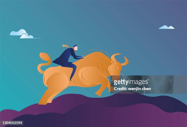 ilustrações de stock, clip art, desenhos animados e ícones de business man riding forward on the back of the cow - bull riding