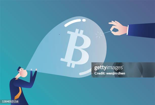 using a needle to pierce the bitcoin balloon blown by a businessman, a bubble economy - pierced stock illustrations