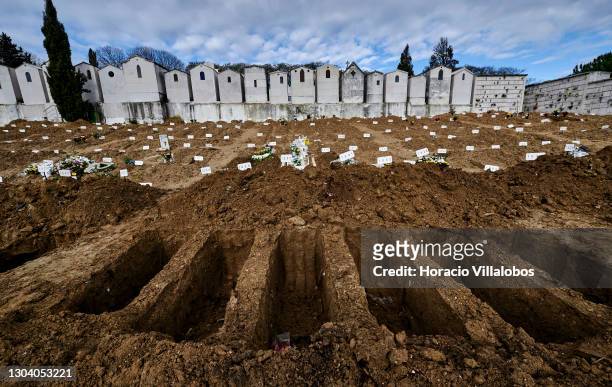 Freshly-dug graves at Cemitério do Alto de São João during the COVID-19 Coronavirus pandemic on February 25, 2021 in Lisbon, Portugal. Alto de São...