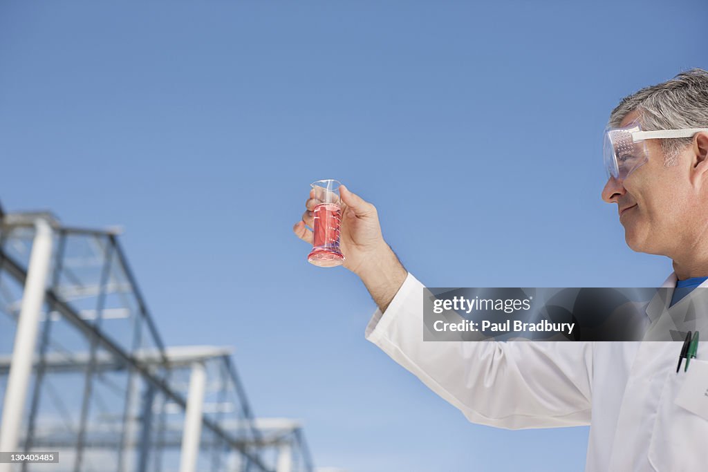 Wissenschaftler untersuchen Becherglas im Freien