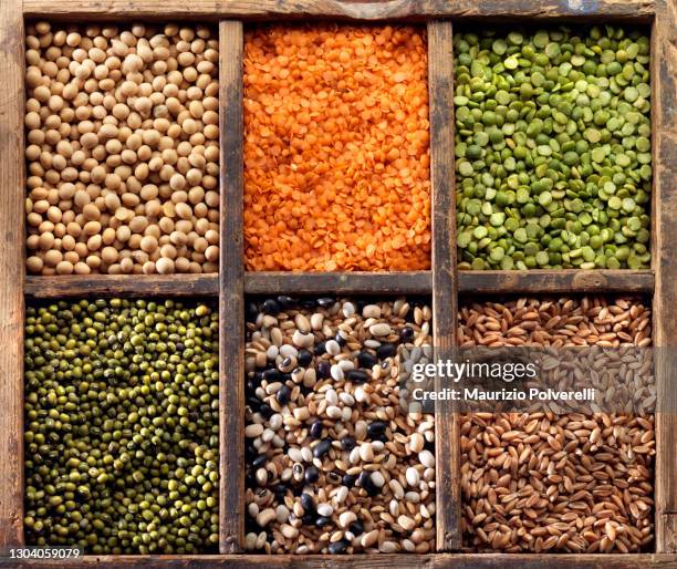 legumes in wooden boxes - legume family stock pictures, royalty-free photos & images