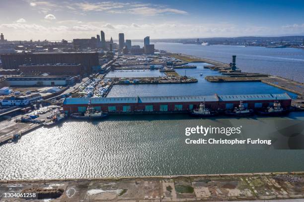General aerial drone view of the Bramley Moore Dock where Everton Football Club plan to build their new stadium on February 25, 2021 in Liverpool,...