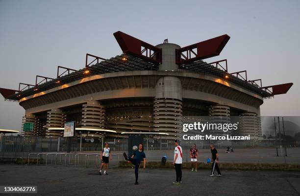 General view outside the stadium ahead of the UEFA Europa League Round of 32 match between AC Milan and Crvena Zvezda at San Siro Stadium on February...