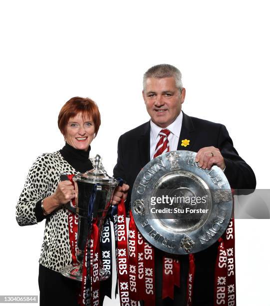 Wales head coach Warren Gatland pictured with the Triple Crown and his wife Trudi with the Six Nations Trophy after the RBS 6 Nations Championship...