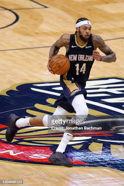 Brandon Ingram of the New Orleans Pelicans drives with the ball against the Detroit Pistons during the second half at the Smoothie King Center on...