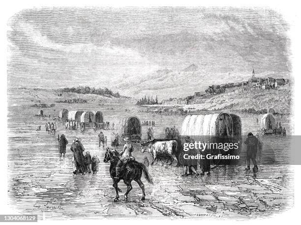 immigrants with covered wagon in the southwest of usa 1861 - horse cart stock illustrations