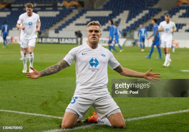 Eirik Andersen of Molde celebrates after scoring their team's first goal during the UEFA Europa League Round of 32 match between 1899 Hoffenheim and...