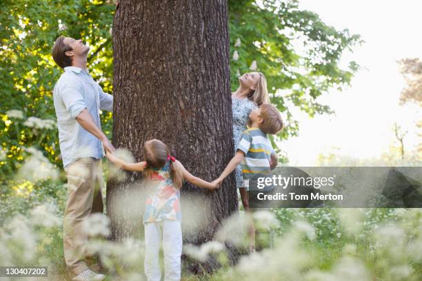 family standing in circle around tree - tree hugging stock pictures, royalty-free photos & images