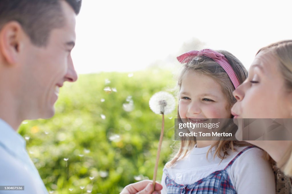 Family blowing dandelion spores